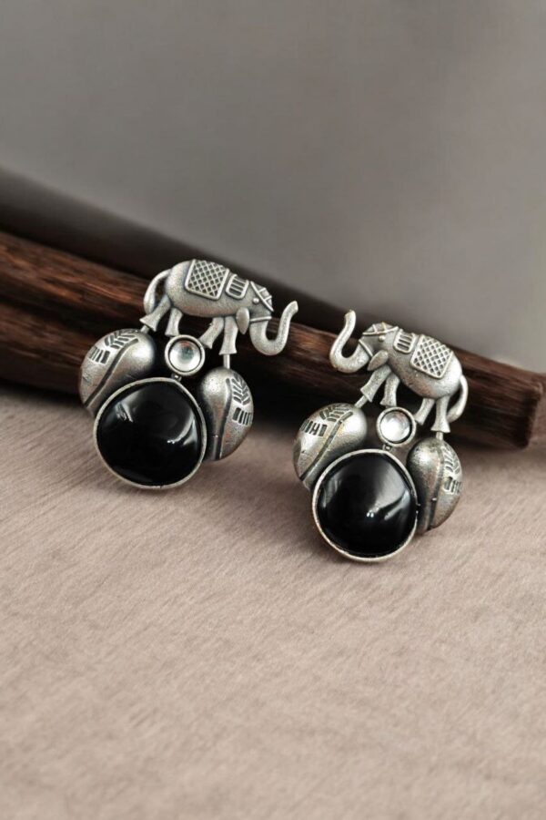 Traditional Silver Replica Elephant Design Earrings - Best Monalisa Stone Stud - "Black"