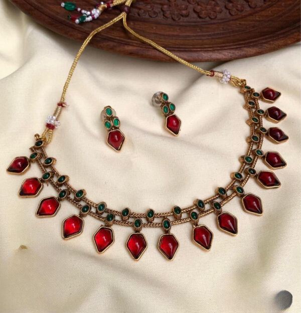 Traditional Red and Green stone Ahalya Necklace set