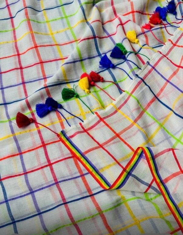 Aishwarya lekshmi Rainbow Check Mull Cotton Saree 120 count  without Blouse Piece