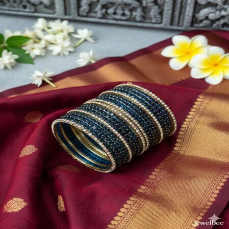 Glass Bangles -  Navy Blue With White Stones and Pearls