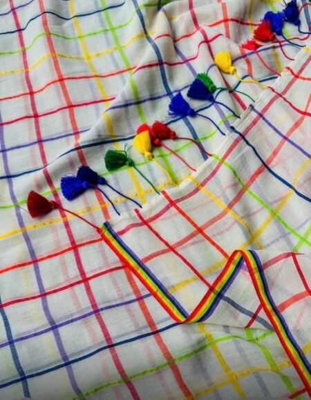 Aishwarya lekshmi Rainbow Check Mull Cotton Saree 120 count  without Blouse Piece