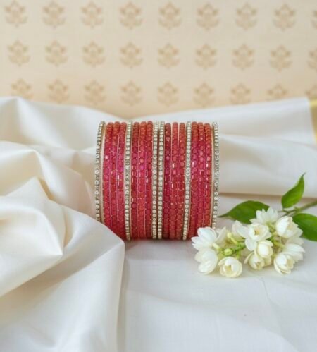 Glass Bangles - Blush Pink With White Stones