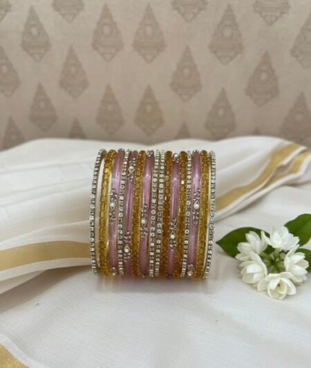 Glass Bangles -  Lavender & Yellow With White Stones and Pearls Kundan work