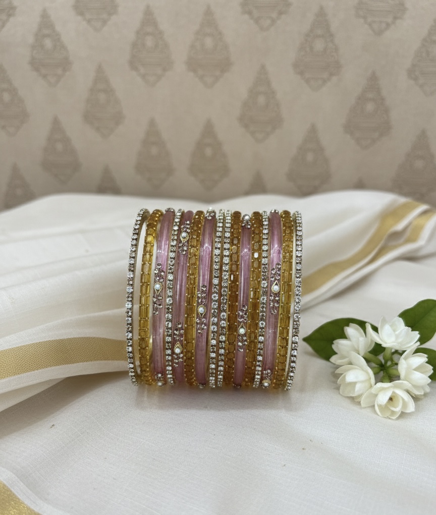 Glass Bangles - Lavender & Yellow With White Stones and Pearls Kundan work