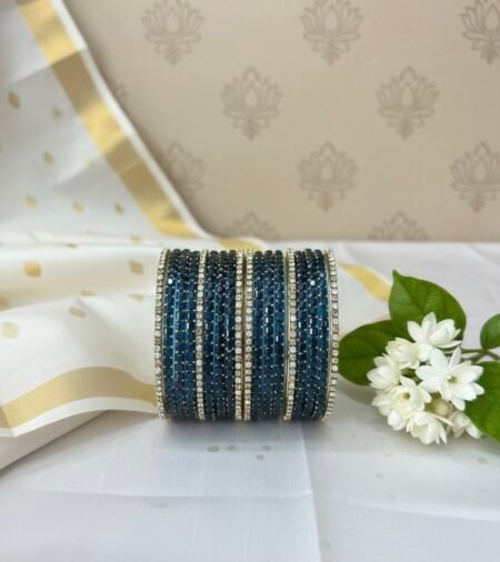 Glass Bangles -  Navy Blue With White Stones and Pearls