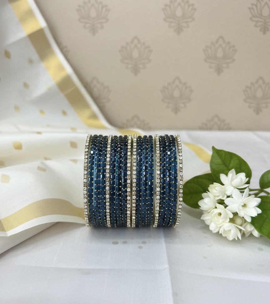 Glass Bangles - Navy Blue With White Stones and Pearls