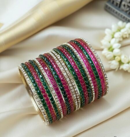 Glass Bangles - Pink & Green With White Stones