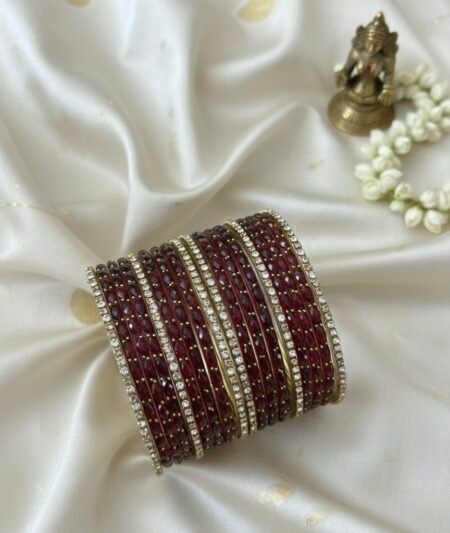 Glass Bangles - Maroon With White Stones
