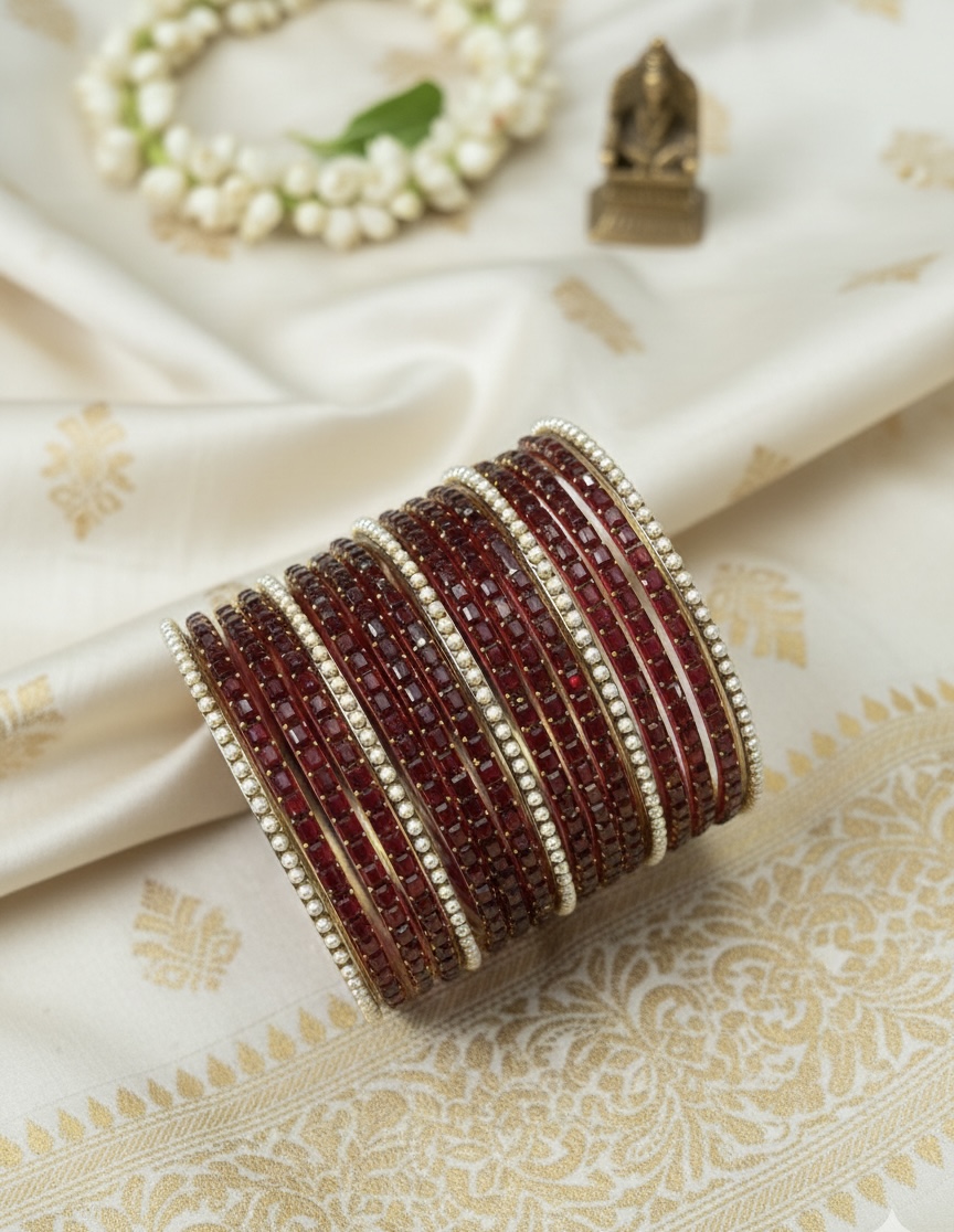 Glass Bangles - Maroon With Pearl Border Bangle