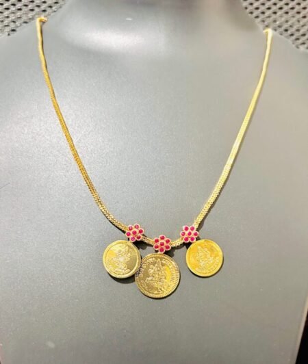 Gold Plated Three Lekshmi Coin Necklace with Ruby Stones