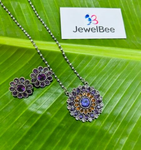 Silver Plated Mayoori Mala Set- Lavender & Yellow