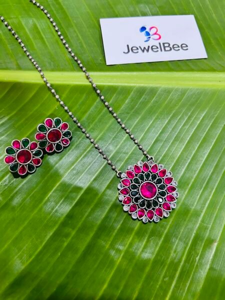 Silver Plated Mayoori Mala Set- Pink & Green