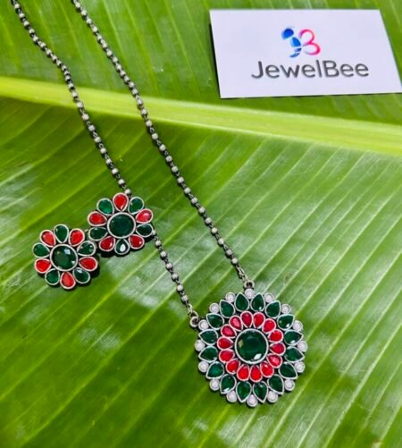 Silver Plated Mayoori Mala Set- Green & Red