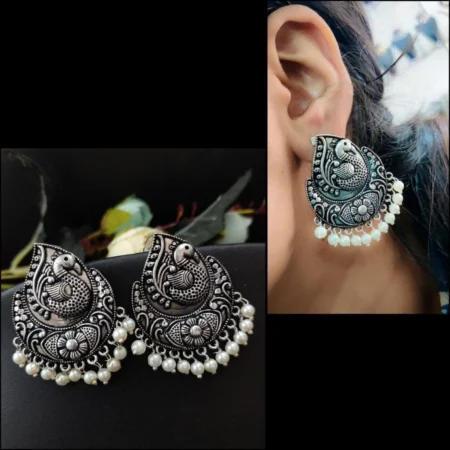 Oxidised Peacock Stud Earrings with Pearl Work