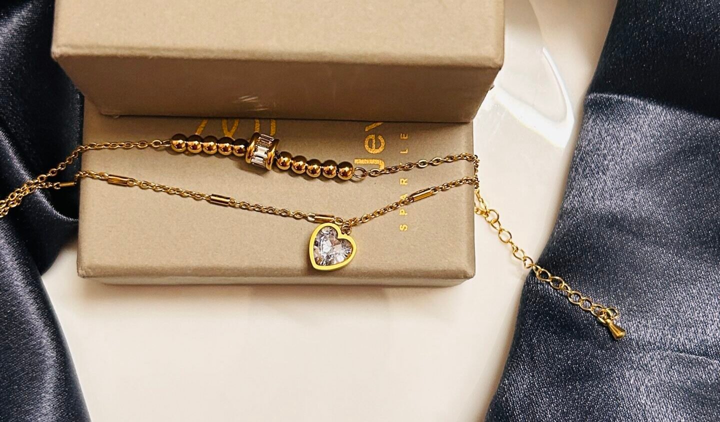 18k Gold plated Heart and ball charm AD stone Bracelet
