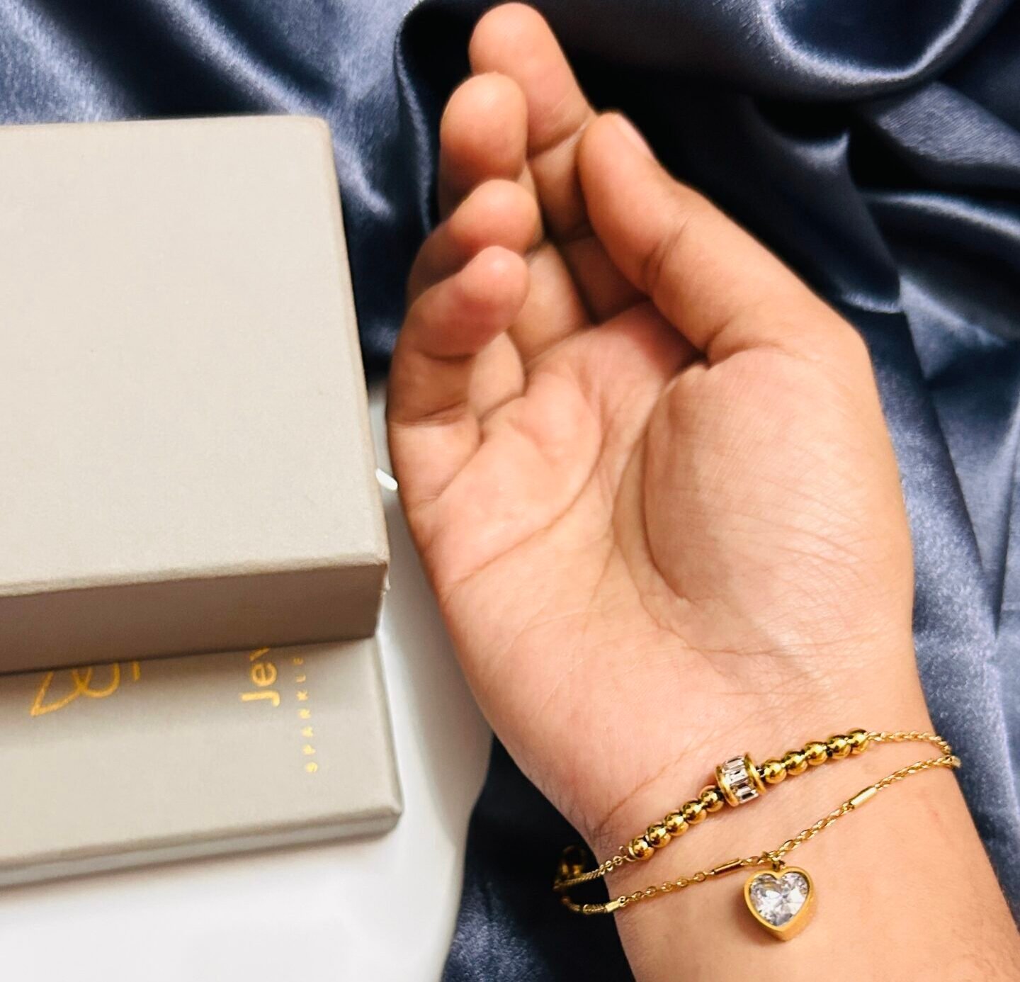 18k Gold plated Heart and ball charm AD stone Bracelet - Image 2