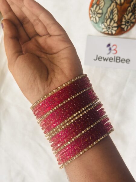 Glass Bangles - Rani Pink With White Stones
