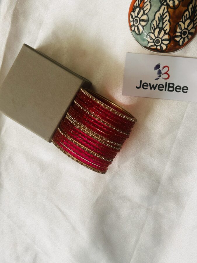 Glass Bangles - Rani Pink With White Stones - Image 2