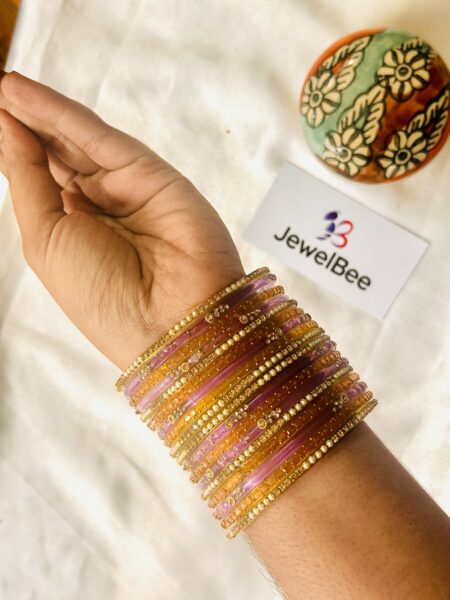 Glass Bangles - Kundan Work Lavendar and mustard mix with pearl border bangle