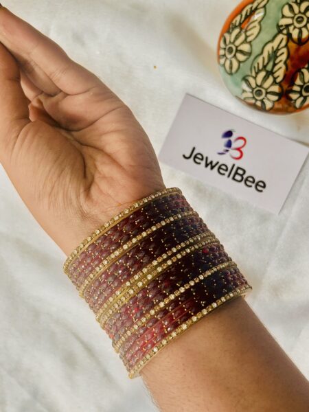 Glass Bangles - Maroon With White Stones