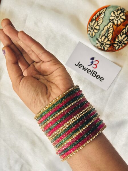 Glass Bangles - Pink & Green With White Stones