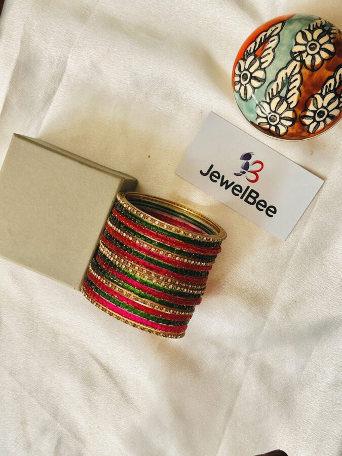 Glass Bangles - Pink & Green With White Stones - Image 2