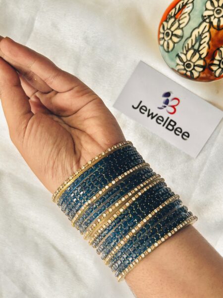 Glass Bangles -  Navy Blue With White Stones and Pearls