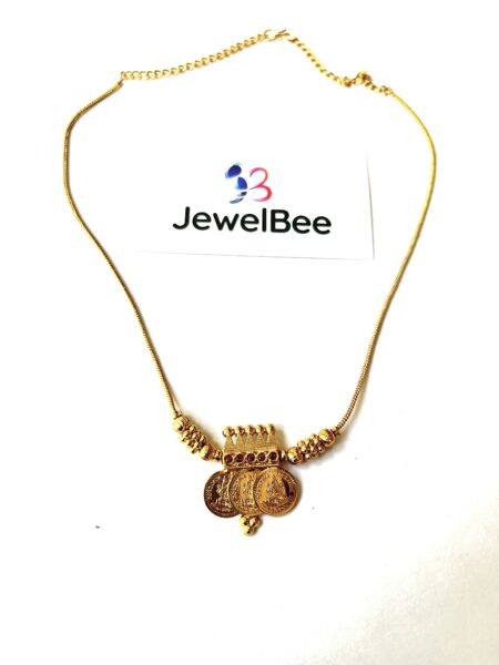 Gold Plated Three Lekshmi Coin Necklace with Ruby Stones