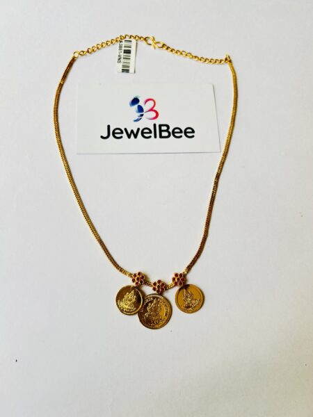 Gold Plated Three Lekshmi Coin Necklace with Ruby Stones