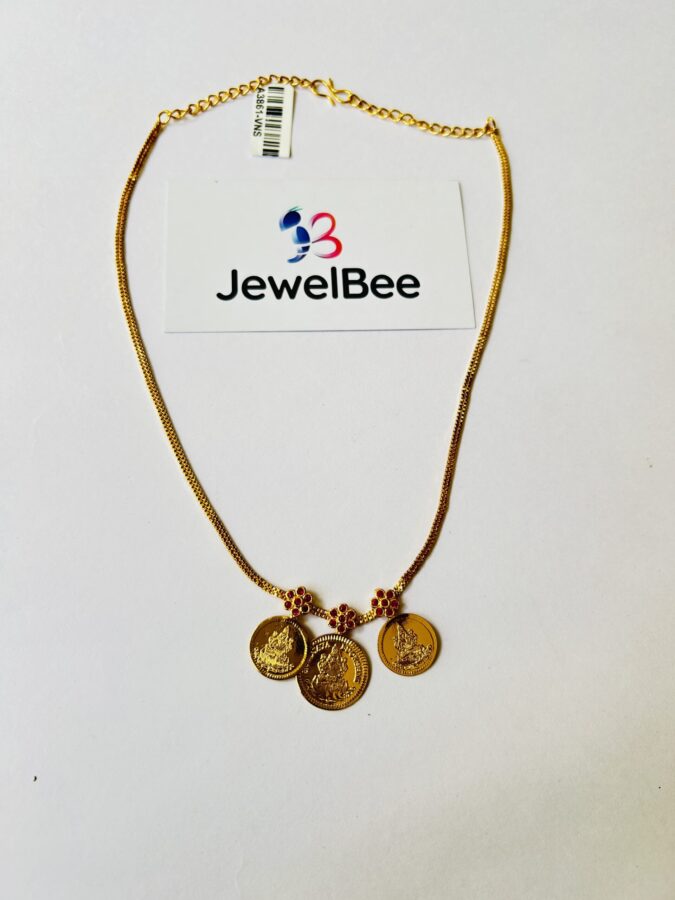 Gold Plated Three Lekshmi Coin Necklace with Ruby Stones