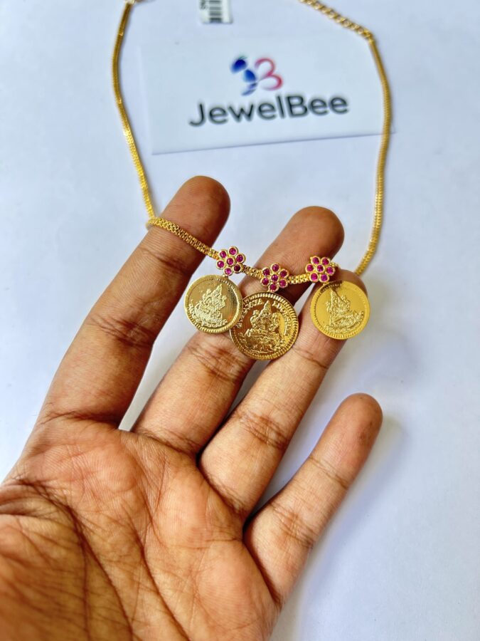 Gold Plated Three Lekshmi Coin Necklace with Ruby Stones - Image 2