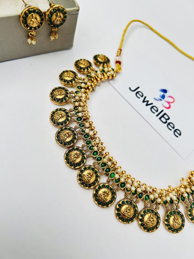 Traditional Lakshmi coin necklace set with green stone and pearls