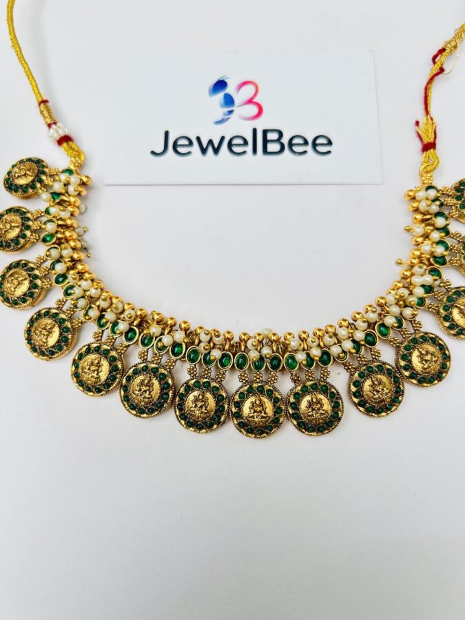 Traditional Lakshmi coin necklace set with green stone and pearls - Image 3