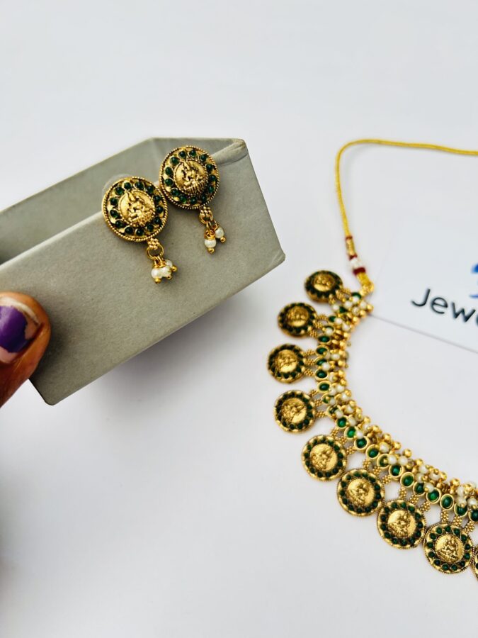Traditional Lakshmi coin necklace set with green stone and pearls - Image 2