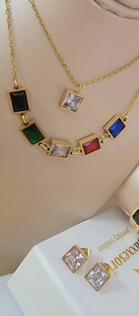 22K Gold Plated Double Layer Multi Stone pendant set - Image 2