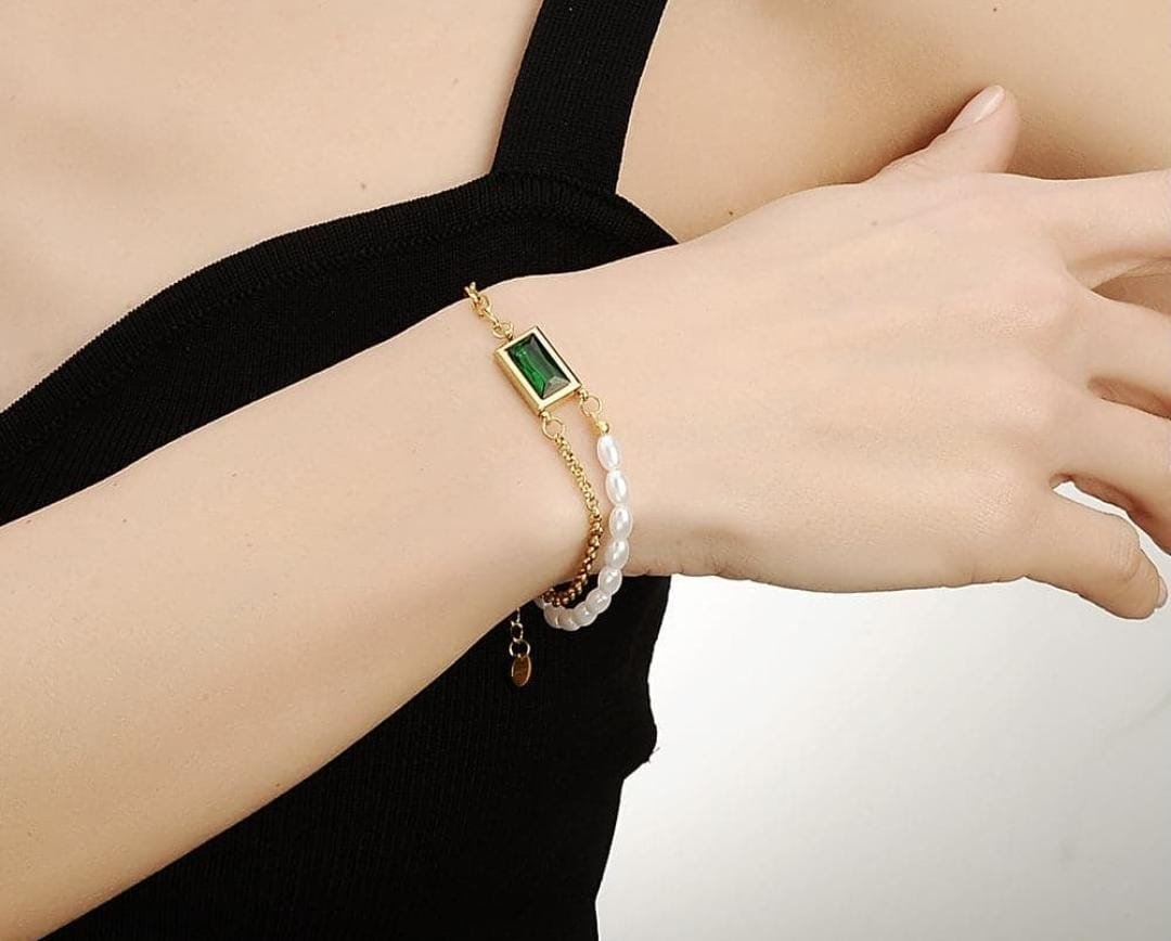 Gold Plated Chic Bracelet with pearl and Green Stone - Image 2