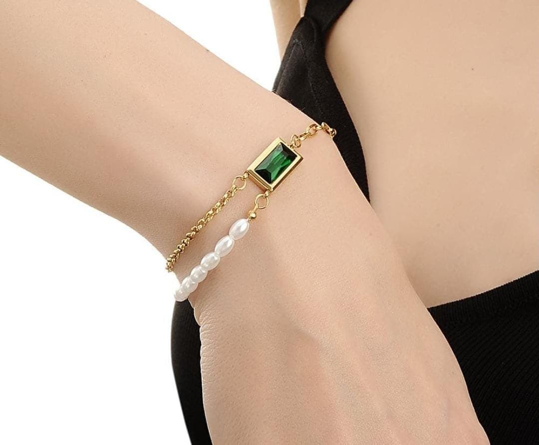 Gold Plated Chic Bracelet with pearl and Green Stone