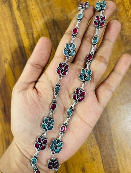 Silver Plated Harini Anklets-Pink and Blue