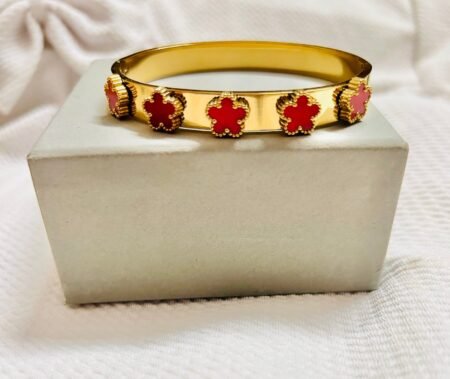 18K Gold Plated Red Clover Bracelet Bangle