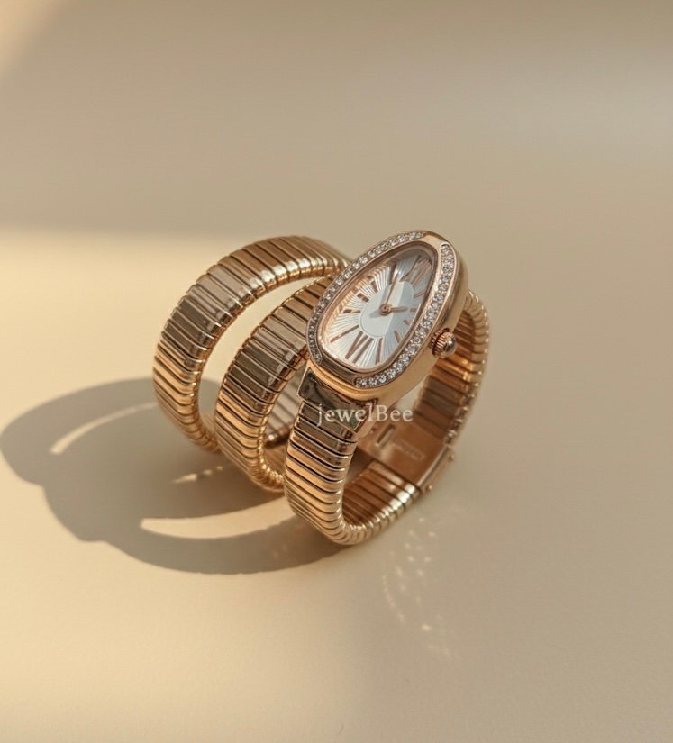 Snake Wrap Watch Rose Gold Shade- White Dial With White Stones - Image 2
