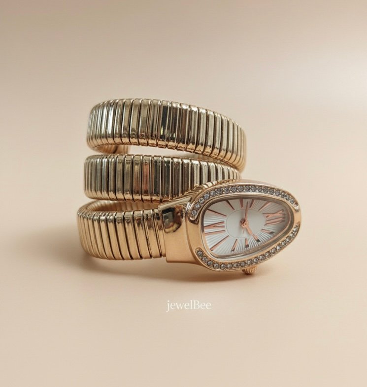 Snake Wrap Watch Rose Gold Shade- White Dial With White Stones