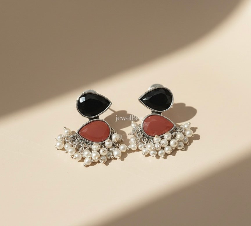 HAMSINI Stone Earrings- Black & Red