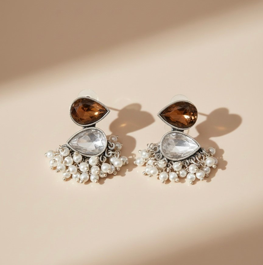 HAMSINI Stone Earrings- Light Brown & White