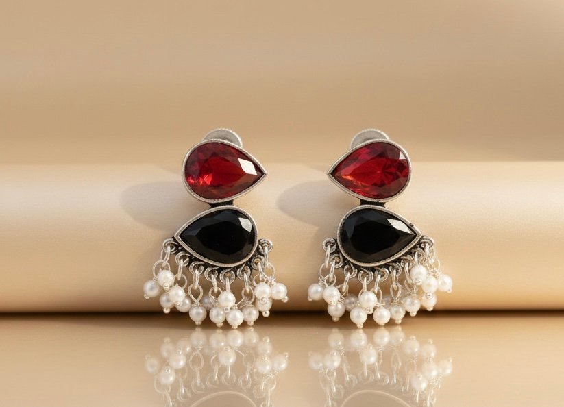 HAMSINI Stone Earrings- Red & Black