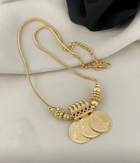 Gold Plated Three Lekshmi Coin Necklace with Ruby Stones