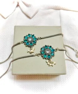 Flower Anklet with Pearls - Sea Blue