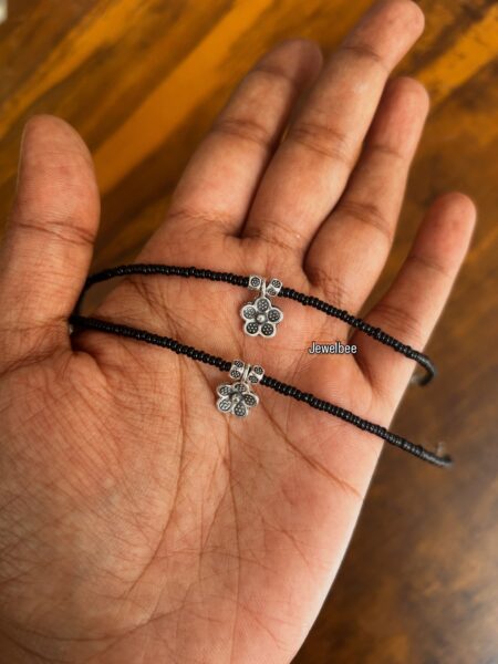 Elegant Flower Charm Anklet with Oxidised Silver and Perfect Black Glass Beads