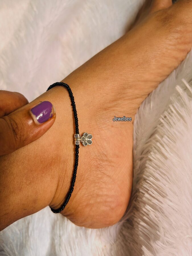 Elegant Flower Charm Anklet with Oxidised Silver and Perfect Black Glass Beads - Image 2