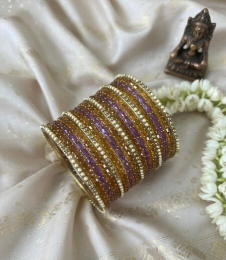 Glass Bangles -  Lavender & Yellow With White Stones and Pearls