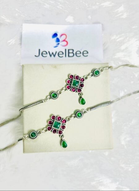 Silver Plated  RANGOLI Anklets-PINK & GREEN
